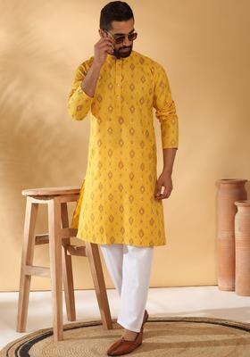 Yellow Woven Design Cotton Kurta Set For Men