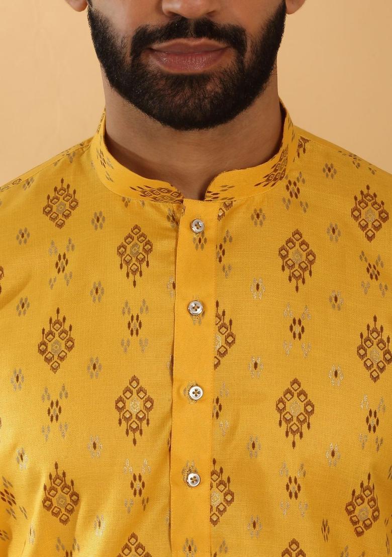 Yellow Woven Design Cotton Kurta Set For Men - Indya