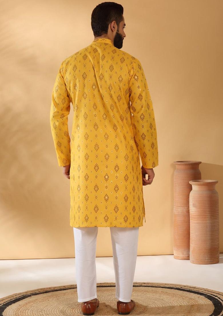 Yellow Woven Design Cotton Kurta Set For Men - Indya