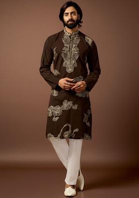 Brown Embroidered Silk Kurta Set For Men
