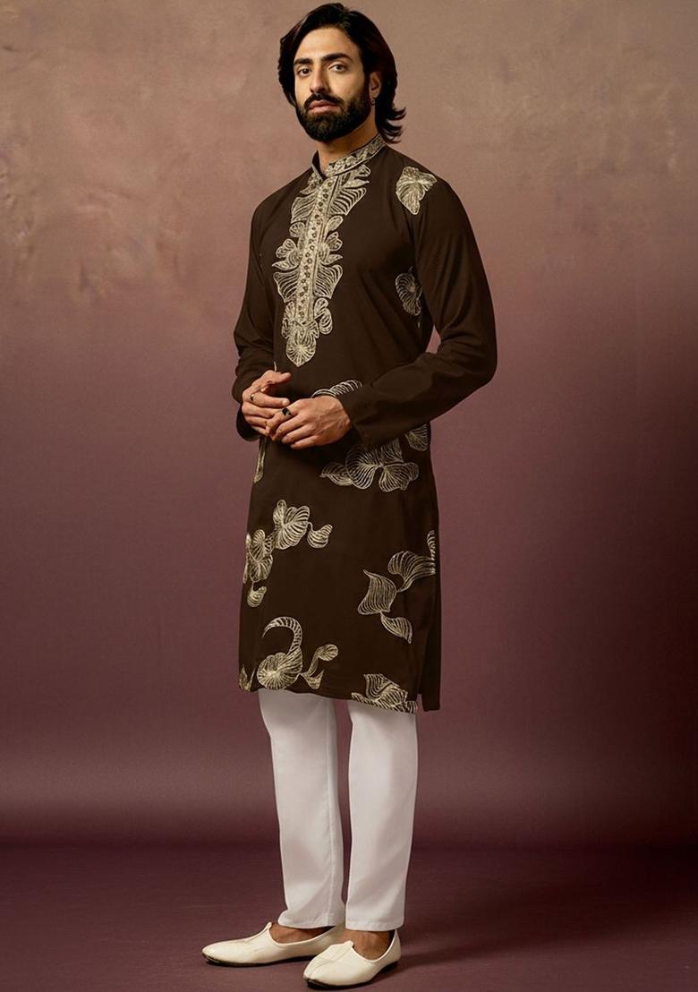 Brown Embroidered Silk Kurta Set For Men - Indya