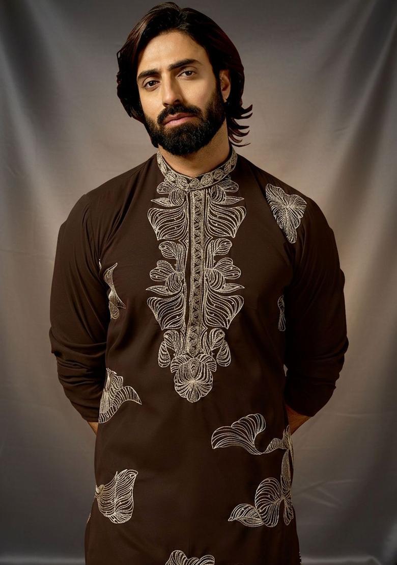 Brown Embroidered Silk Kurta Set For Men - Indya