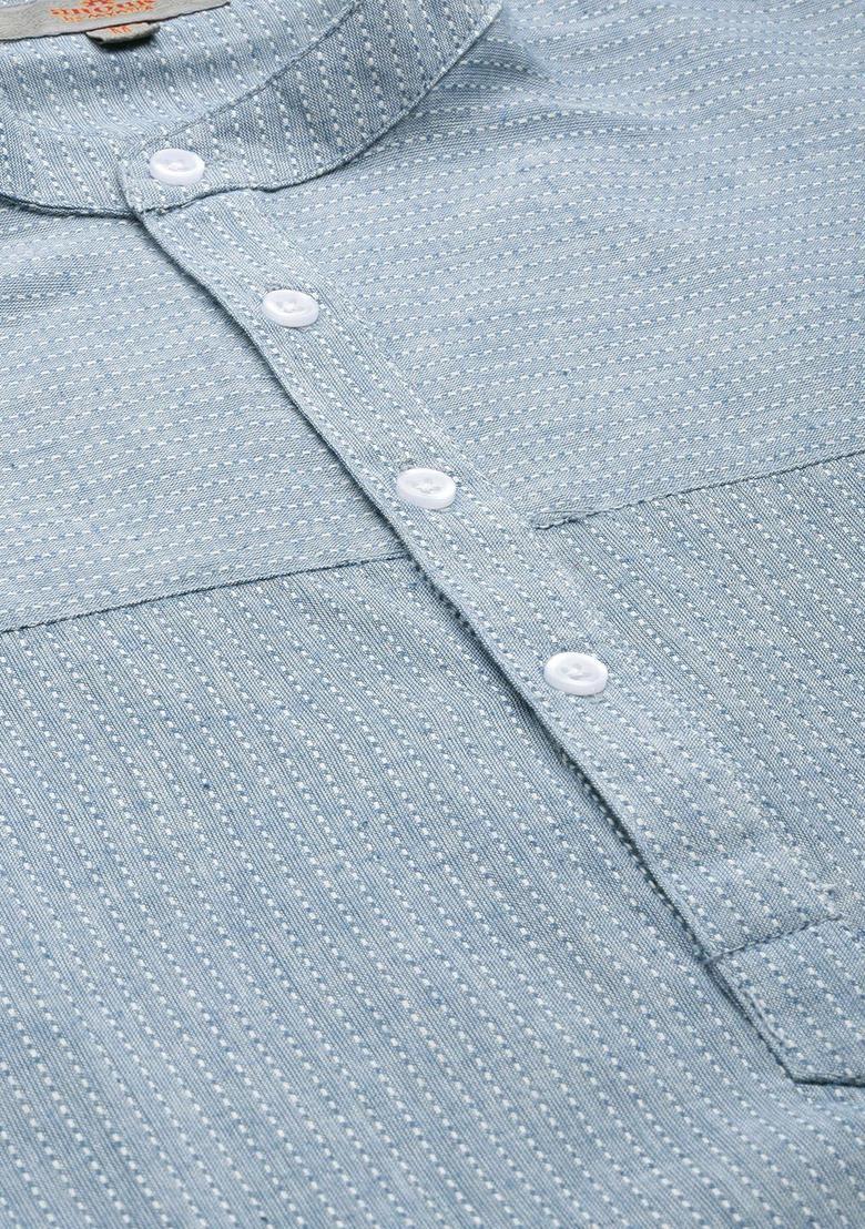 Blue Self Design Cotton Kurta Set For Men - Indya