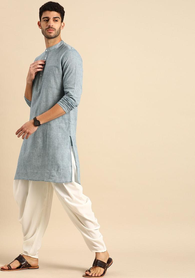 Blue Self Design Cotton Kurta Set For Men - Indya
