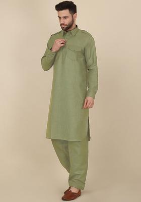 Olive Solid Cotton Kurta Set For Men