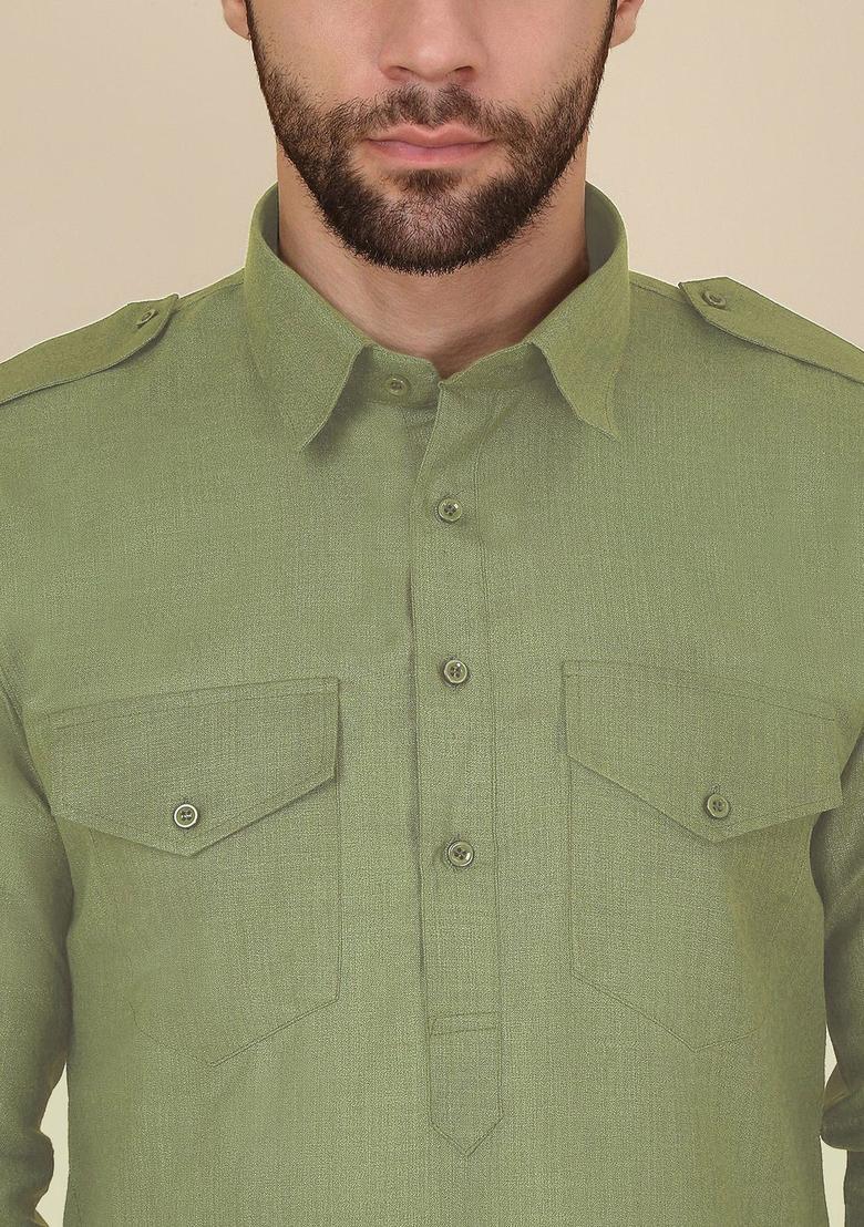 Olive Solid Cotton Kurta Set For Men - Indya