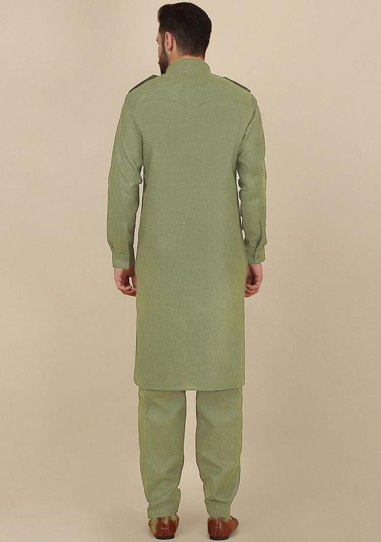Olive Solid Cotton Kurta Set For Men - Indya