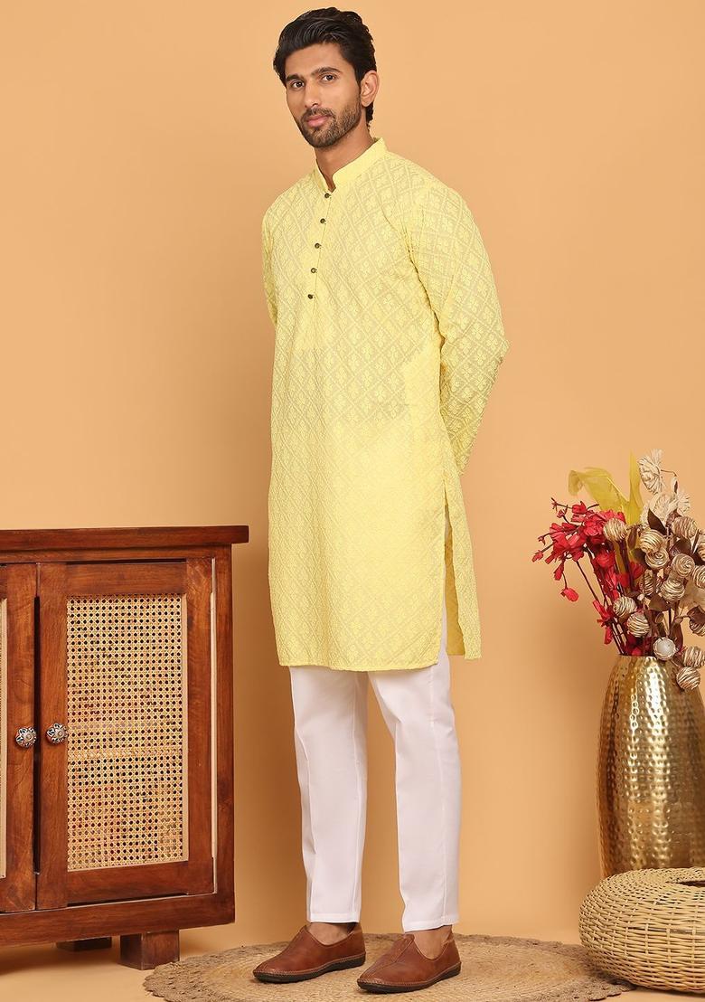 Yellow Embroidered Cotton Kurta Set For Men - Indya