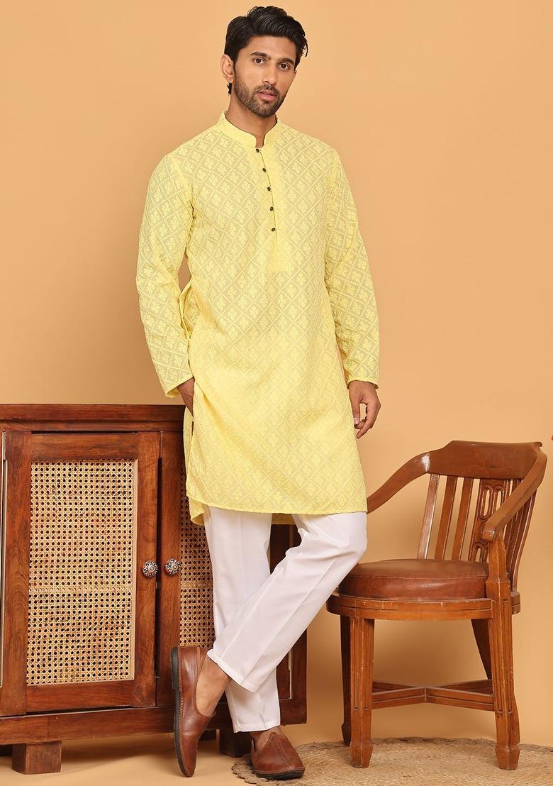 Yellow Embroidered Cotton Kurta Set For Men - Indya