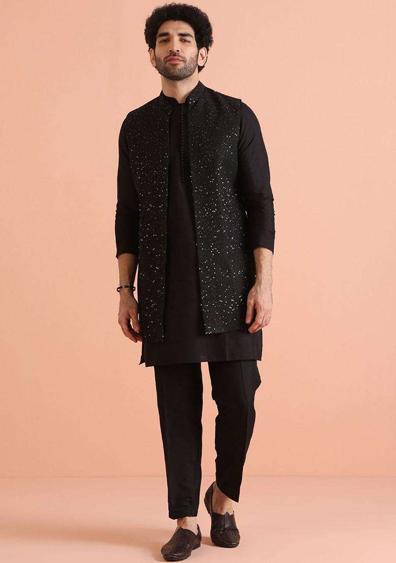 Black Solid Cotton Kurta Set For Men - Indya