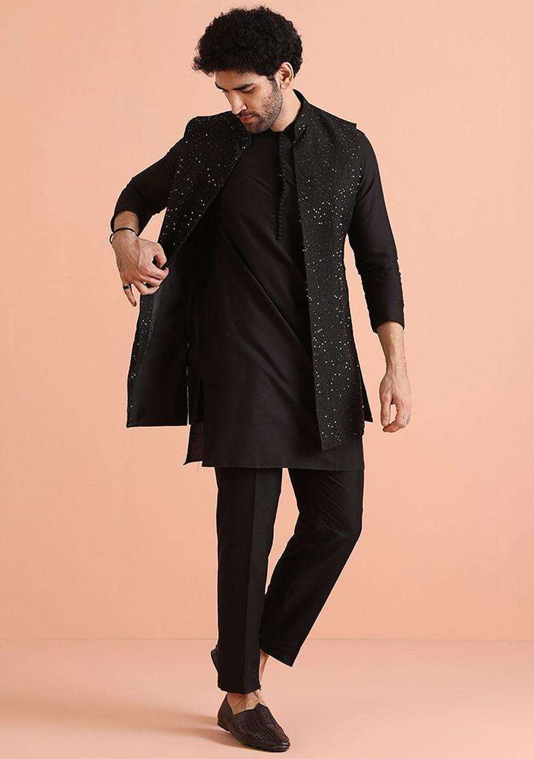 Black Solid Cotton Kurta Set For Men - Indya