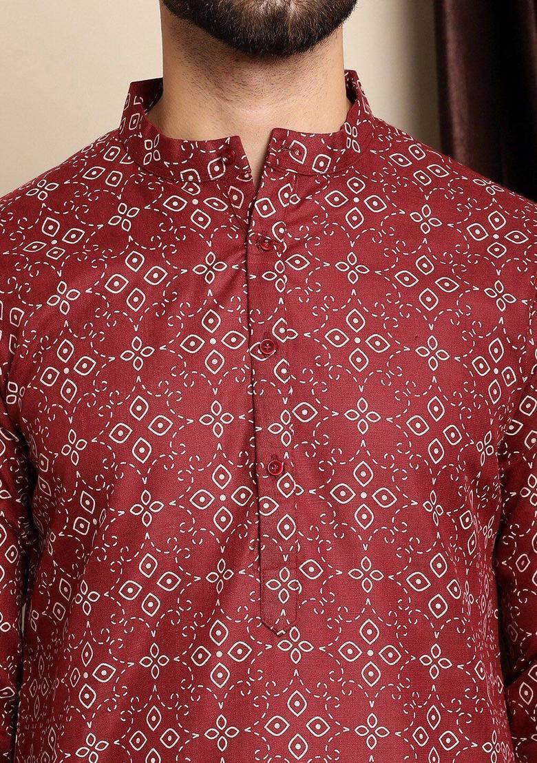 Maroon Printed Cotton Kurta Set For Men - Indya