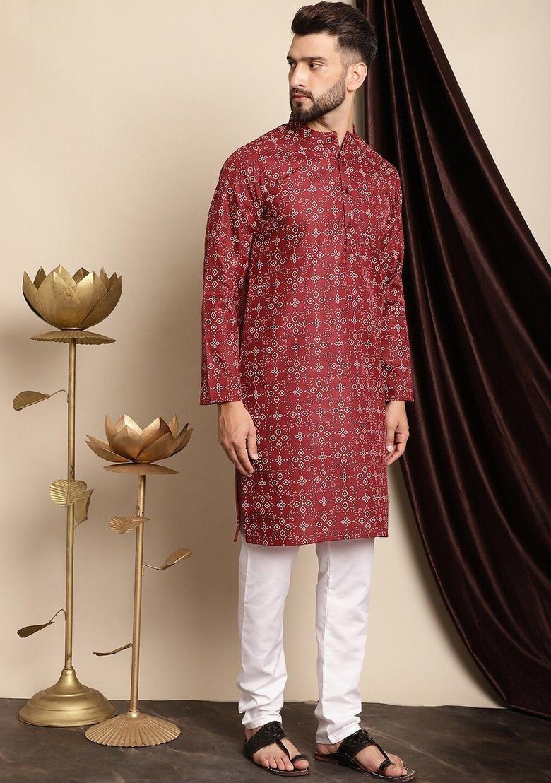 Maroon Printed Cotton Kurta Set For Men - Indya