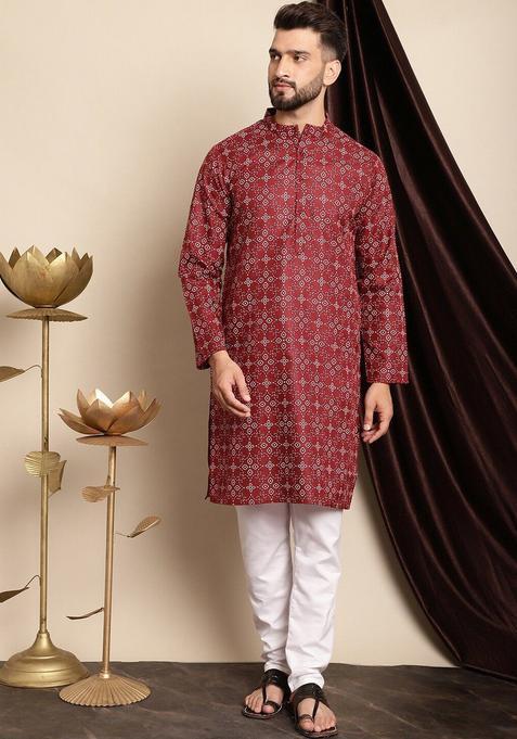Maroon Printed Cotton Kurta Set For Men