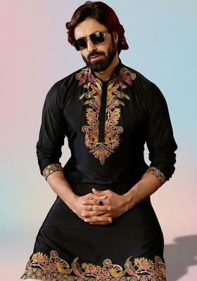 Black Embroidered Cotton Kurta Set For Men