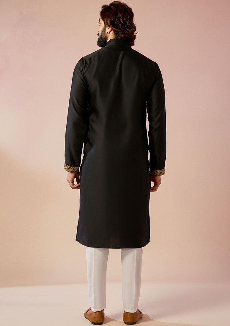 Black Embroidered Cotton Kurta Set For Men - Indya