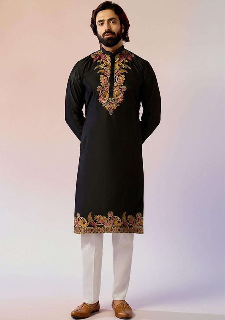 Black Embroidered Cotton Kurta Set For Men - Indya