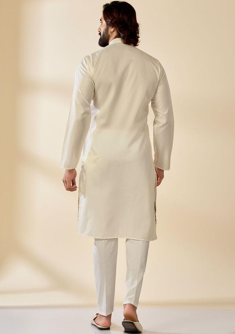 White Embroidered Silk Kurta Set For Men - Indya
