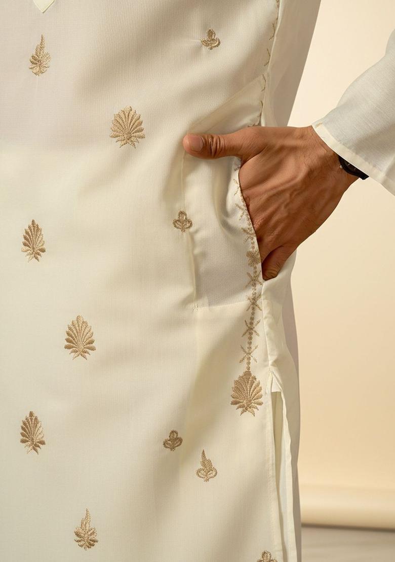 White Embroidered Silk Kurta Set For Men - Indya