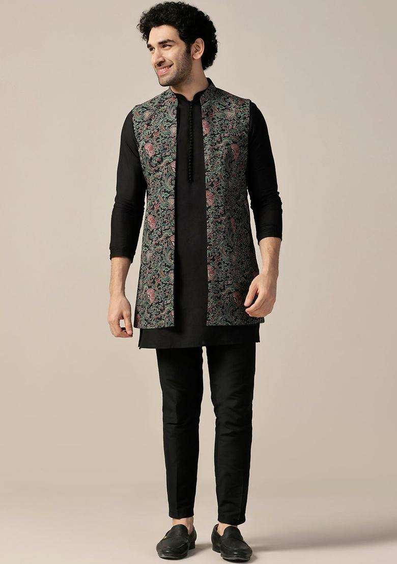 Black Solid Cotton Kurta Set For Men - Indya