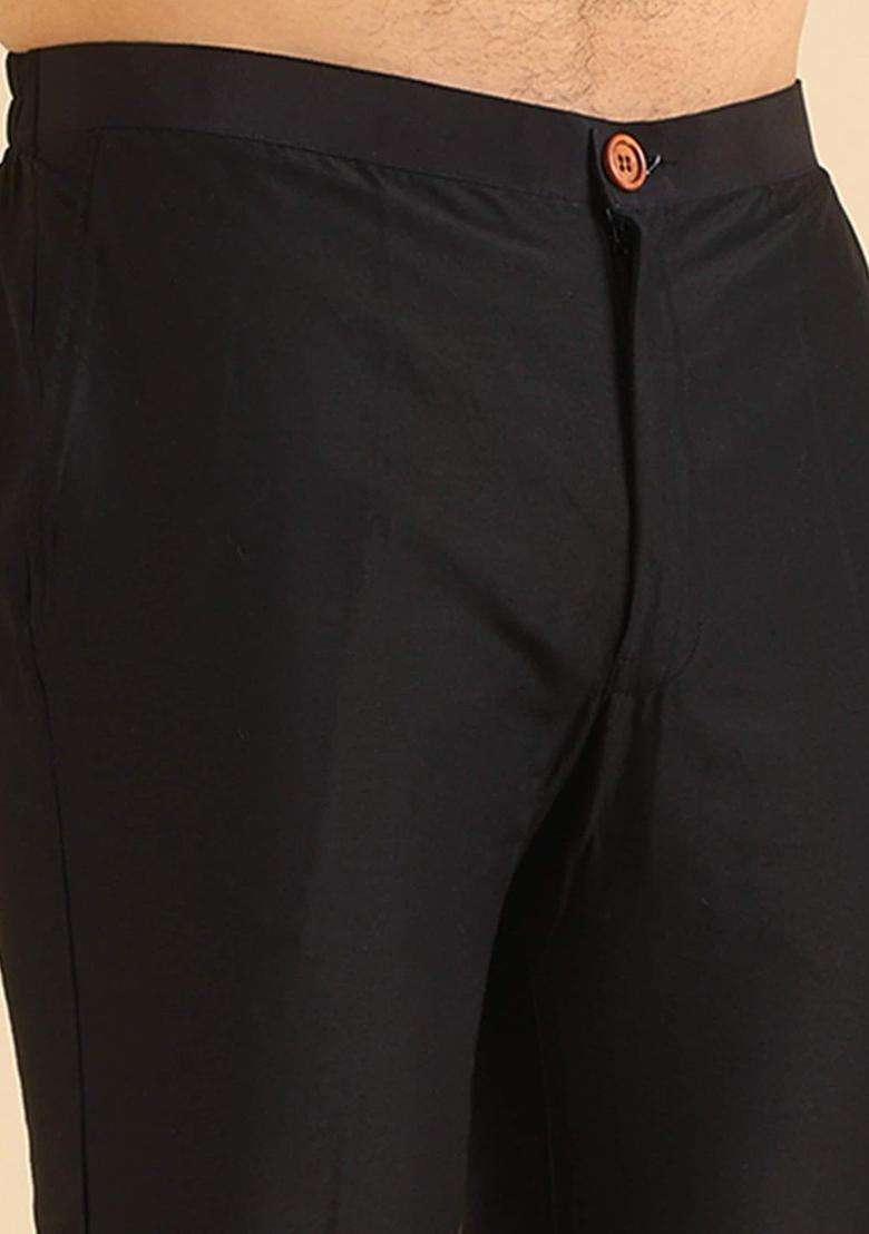Black Solid Cotton Kurta Set For Men - Indya