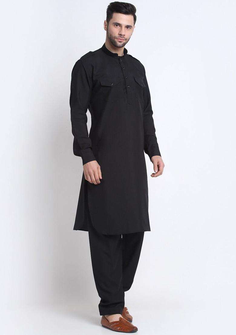Black Solid Cotton Kurta Set For Men - Indya