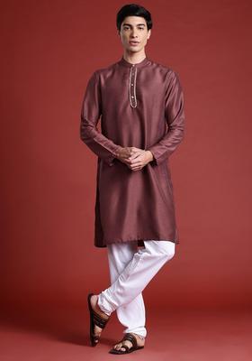 Brown Woven Design Polyester Kurta Set For Men