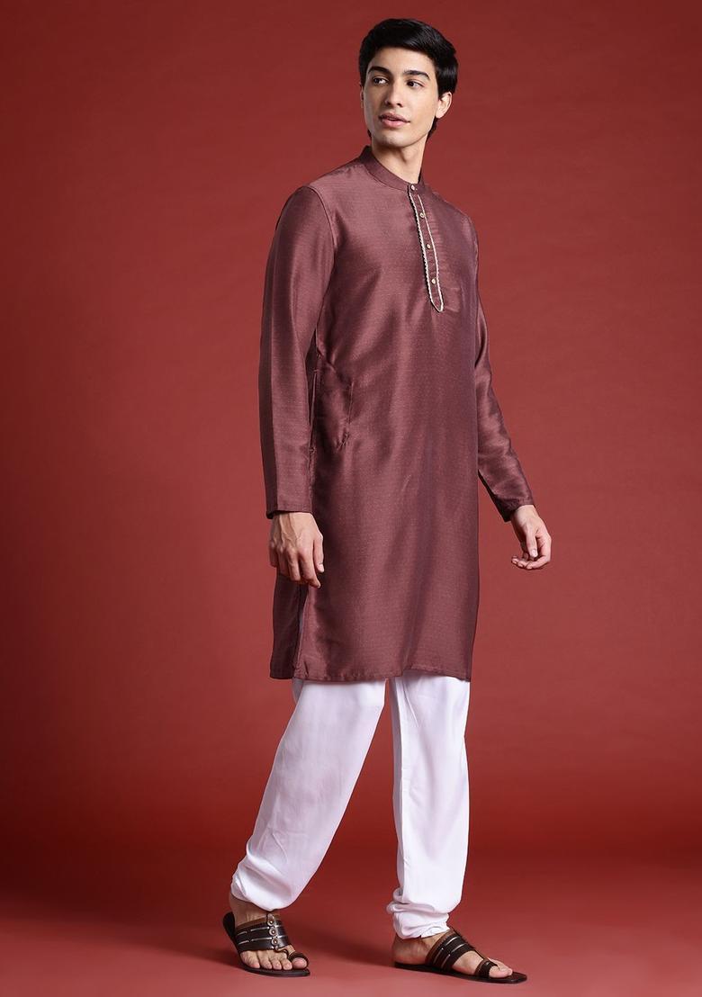 Brown Woven Design Polyester Kurta Set For Men - Indya