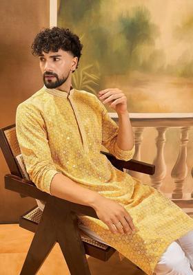 Yellow Embroidered Viscose Kurta Set For Men
