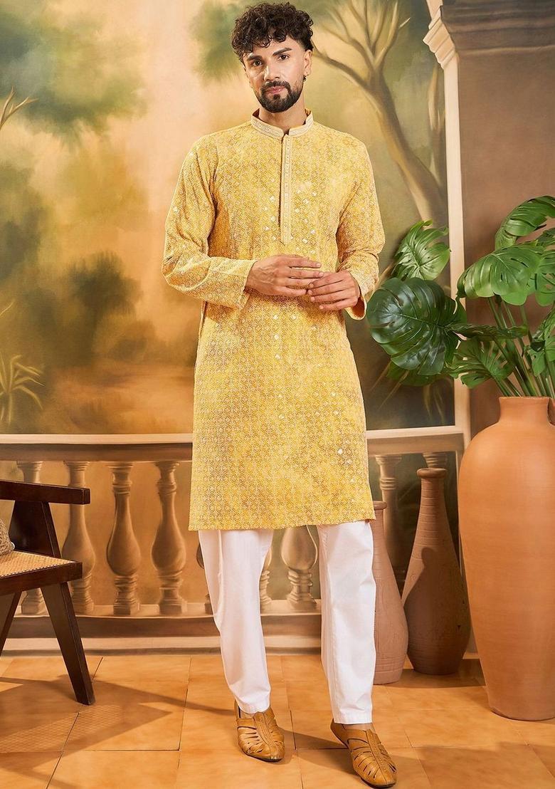 Yellow Embroidered Viscose Kurta Set For Men - Indya