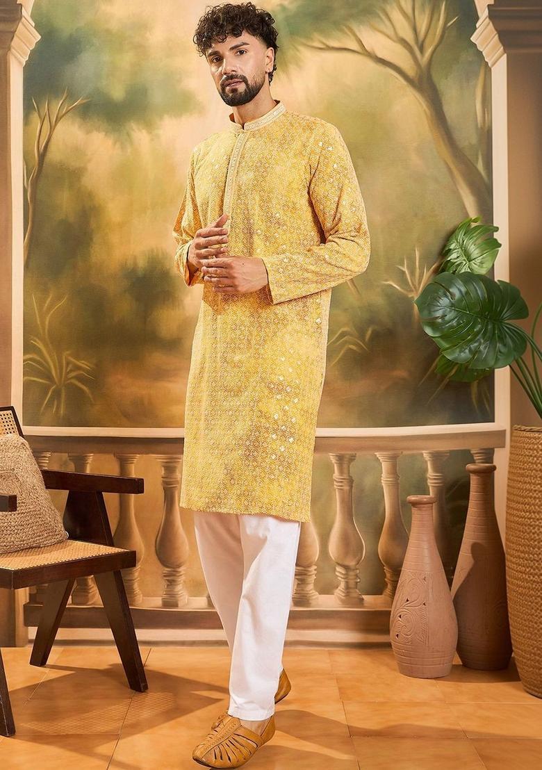 Yellow Embroidered Viscose Kurta Set For Men - Indya
