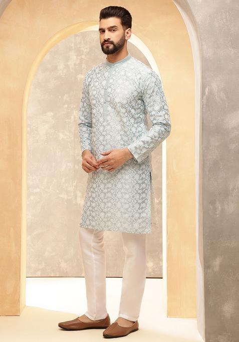 Grey Embroidered Silk Kurta Set For Men