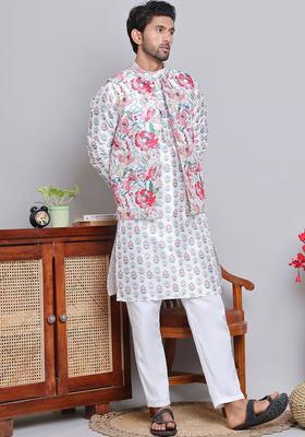 White Printed Silk Kurta Set For Men