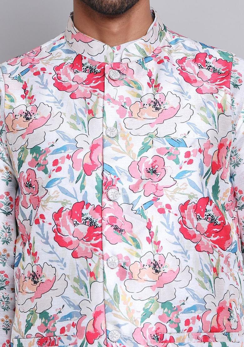 White Printed Silk Kurta Set For Men - Indya