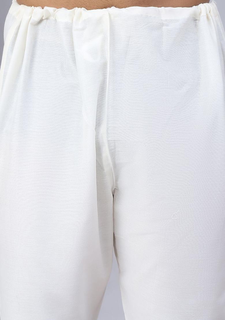 White Printed Silk Kurta Set For Men - Indya