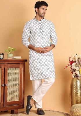 White Embroidered Viscose Kurta Set For Men