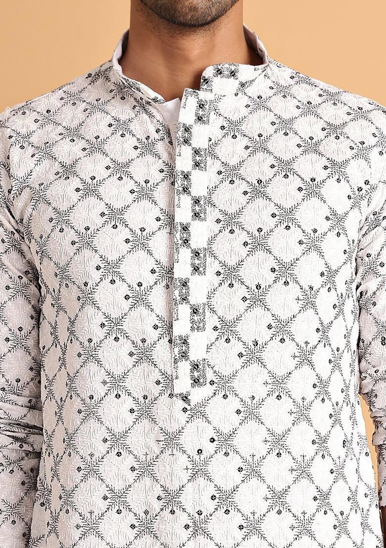 White Embroidered Viscose Kurta Set For Men - Indya
