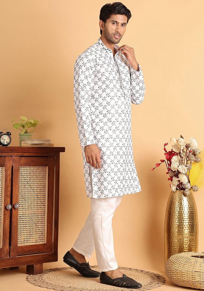 White Embroidered Viscose Kurta Set For Men - Indya