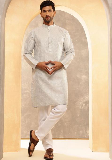 Grey Embroidered Silk Kurta Set For Men