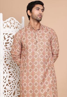 Brown Embroidered Cotton Kurta Set For Men