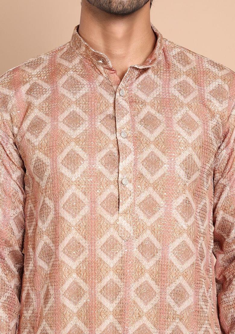 Brown Embroidered Cotton Kurta Set For Men - Indya