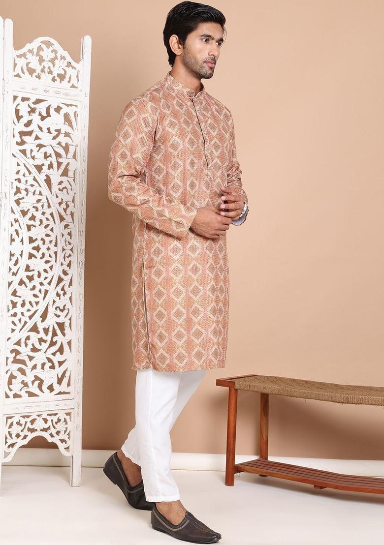 Brown Embroidered Cotton Kurta Set For Men - Indya