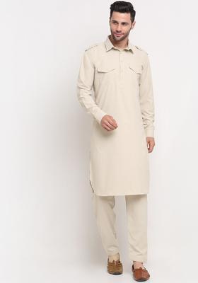 Beige Solid Cotton Kurta Set For Men
