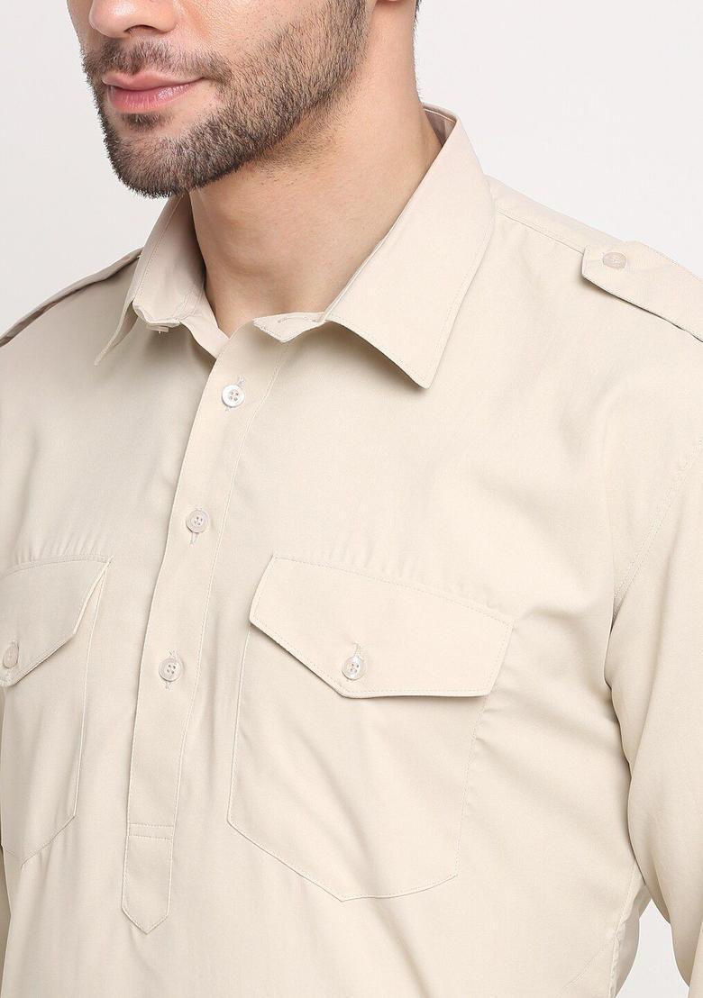 Beige Solid Cotton Kurta Set For Men - Indya
