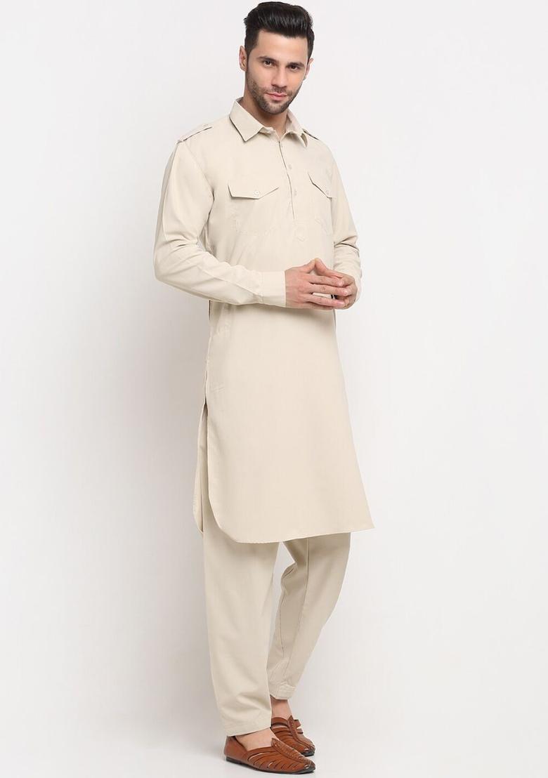 Beige Solid Cotton Kurta Set For Men - Indya