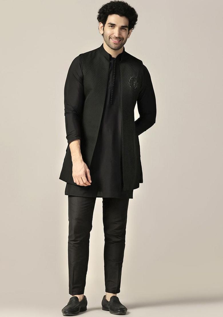 Black Woven Design Silk Kurta Set For Men - Indya