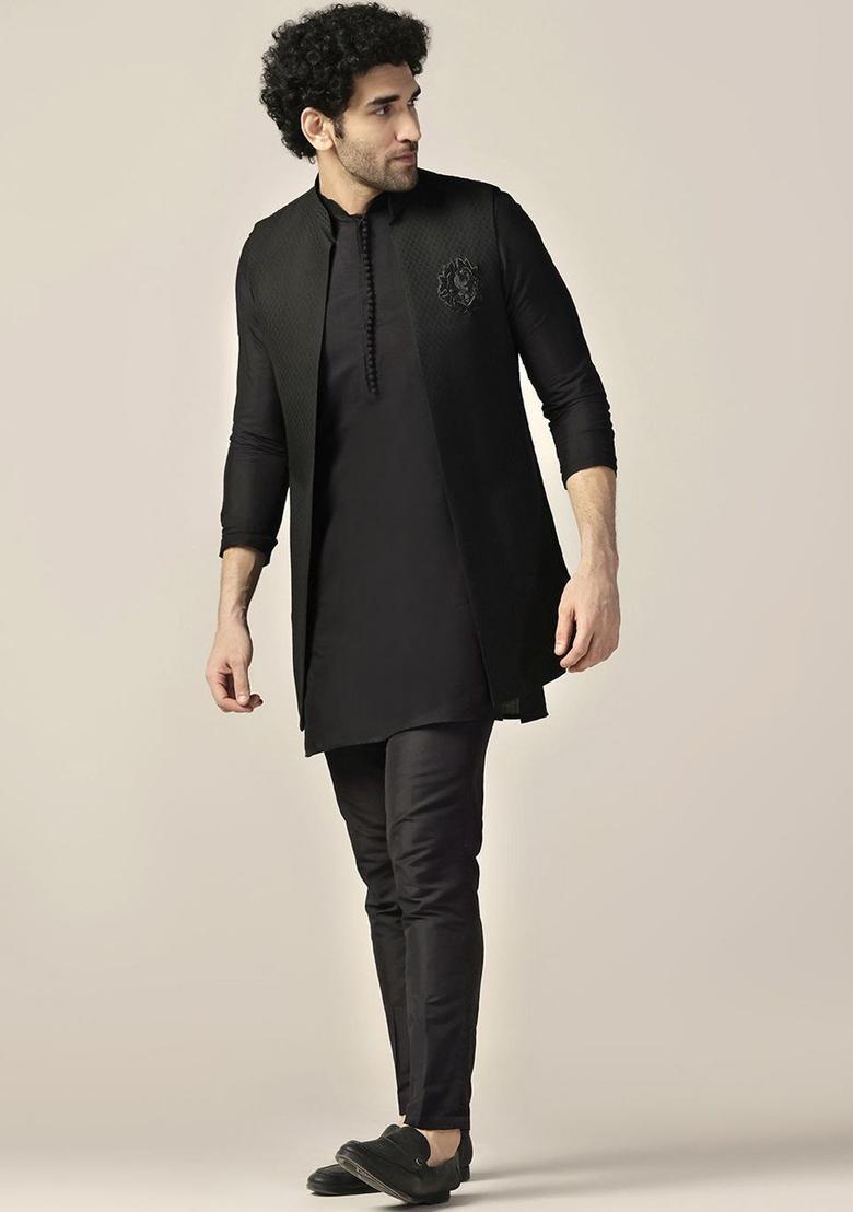 Black Woven Design Silk Kurta Set For Men - Indya