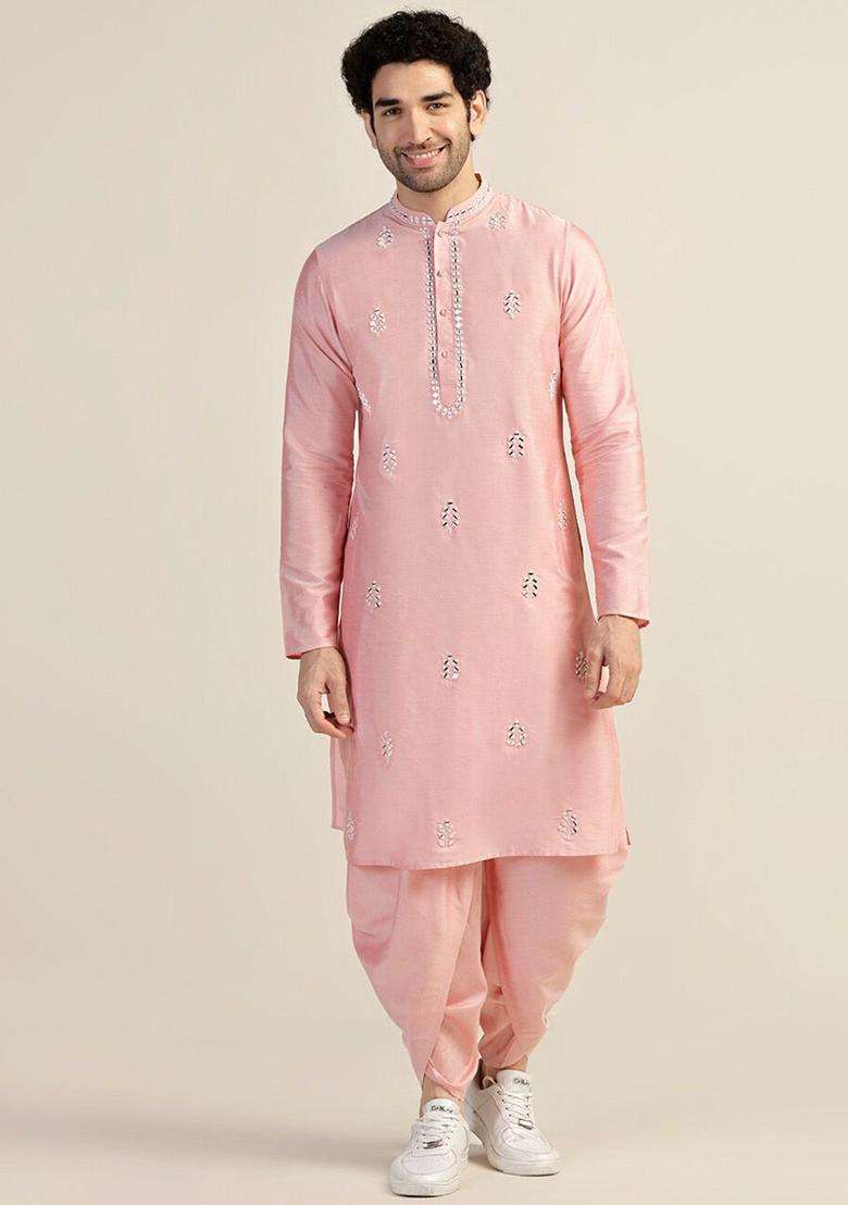 Pink Embroidered Cotton Kurta Set For Men - Indya