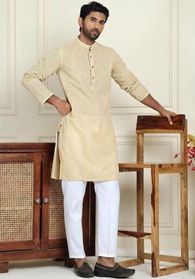 Beige Self Design Cotton Kurta Set For Men
