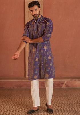 Purple Printed Silk Kurta Set For Men